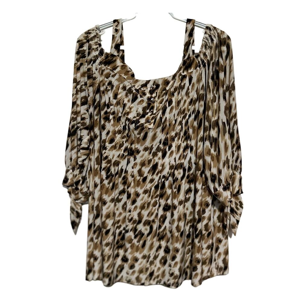 Cocomo Woman Animal Print Cold Shoulder Brown Tan Long Sleeve Blouse Size 2X